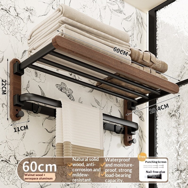 Walnut Wood Towel Rack Bathroom Shelf No Drilling Required