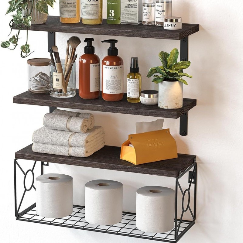 Wall-mounted Floating Rack With Storage Basket Wooden Bathroom Shelf
