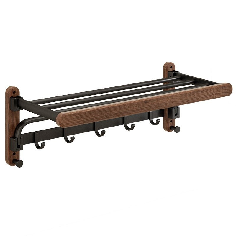 Walnut Wood Towel Rack Bathroom Shelf No Drilling Required