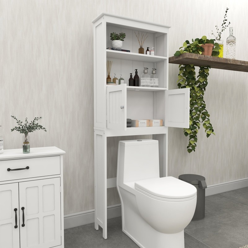 Over The Toilet Rack 2 -Tier Toilet Bathroom Spacesaver Storage Shelf With 2 Doors Wood Storage Organizer Cabinet For Bathroom Freestanding Shelf-White