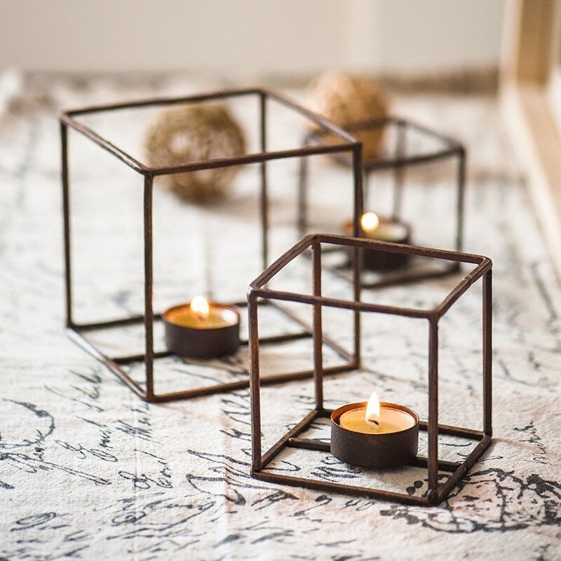 Geometric cube candlestick wrought iron