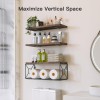 Wall-mounted Floating Rack With Storage Basket Wooden Bathroom Shelf