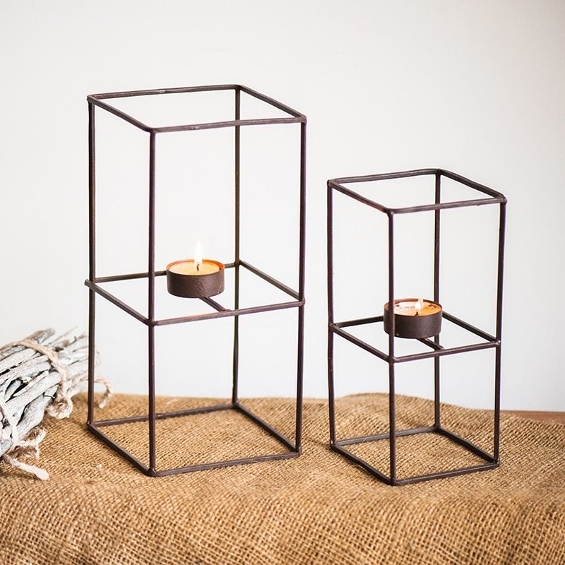 Geometric cube candlestick wrought iron