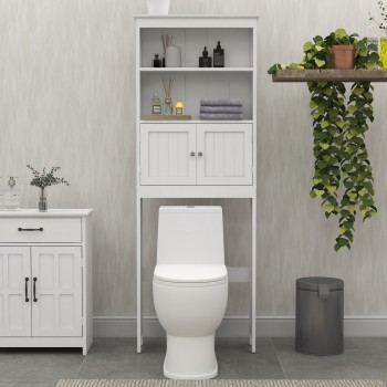 Over The Toilet Rack 2 -Tier Toilet Bathroom Spacesaver Storage Shelf With 2 Doors Wood Storage Organizer Cabinet For Bathroom Freestanding Shelf-White