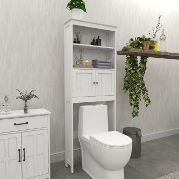 Over The Toilet Rack 2 -Tier Toilet Bathroom Spacesaver Storage Shelf With 2 Doors Wood Storage Organizer Cabinet For Bathroom Freestanding Shelf-White