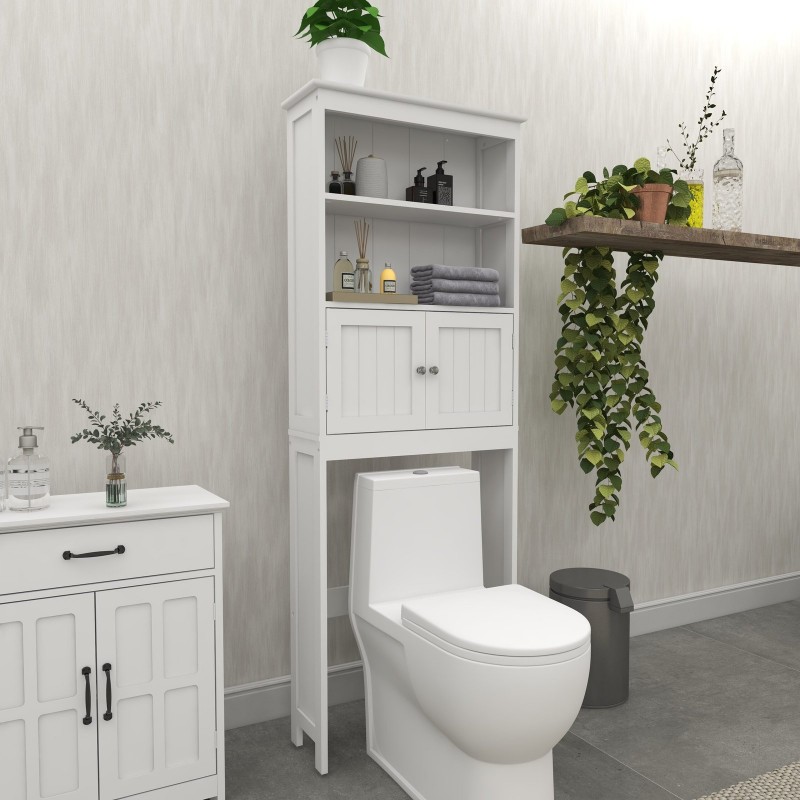 Over The Toilet Rack 2 -Tier Toilet Bathroom Spacesaver Storage Shelf With 2 Doors Wood Storage Organizer Cabinet For Bathroom Freestanding Shelf-White