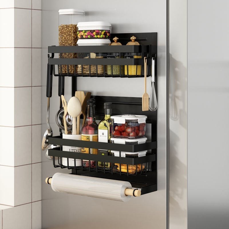 Refrigerator Shelf Side Storage Kitchen Magnetic Plastic Wrap Tissue Seasoning Side Multi-functional Punch Free Rack