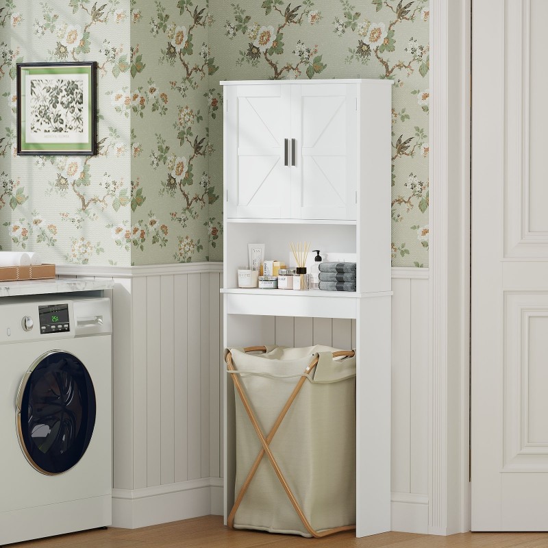 Over The Toilet Storage Cabinet With Adjustable Shelf, Bathroom Space Saver Organizer With Double Doors And Open Shelf, Freestanding Toilet Rack For Small Bathroom  White