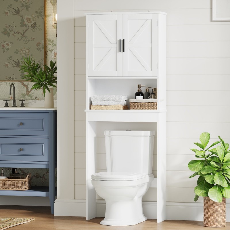 Over The Toilet Storage Cabinet With Adjustable Shelf, Bathroom Space Saver Organizer With Double Doors And Open Shelf, Freestanding Toilet Rack For Small Bathroom  White