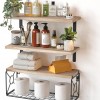 Wall-mounted Floating Rack With Storage Basket Wooden Bathroom Shelf