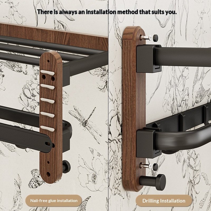 Walnut Wood Towel Rack Bathroom Shelf No Drilling Required