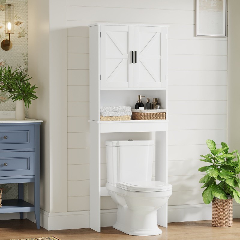Over The Toilet Storage Cabinet With Adjustable Shelf, Bathroom Space Saver Organizer With Double Doors And Open Shelf, Freestanding Toilet Rack For Small Bathroom  White