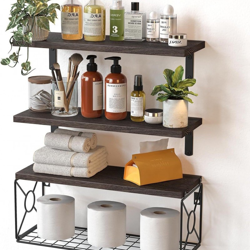 Wall-mounted Floating Rack With Storage Basket Wooden Bathroom Shelf