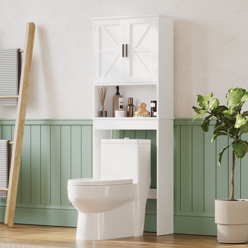 Over The Toilet Storage Cabinet With Adjustable Shelf, Bathroom Space Saver Organizer With Double Doors And Open Shelf, Freestanding Toilet Rack For Small Bathroom  White