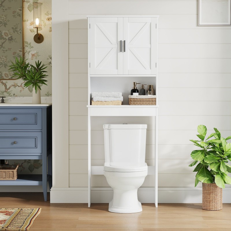 Over The Toilet Storage Cabinet With Adjustable Shelf, Bathroom Space Saver Organizer With Double Doors And Open Shelf, Freestanding Toilet Rack For Small Bathroom  White