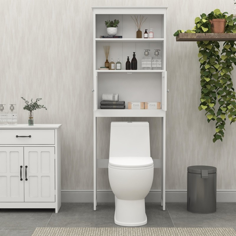 Over The Toilet Rack 2 -Tier Toilet Bathroom Spacesaver Storage Shelf With 2 Doors Wood Storage Organizer Cabinet For Bathroom Freestanding Shelf-White