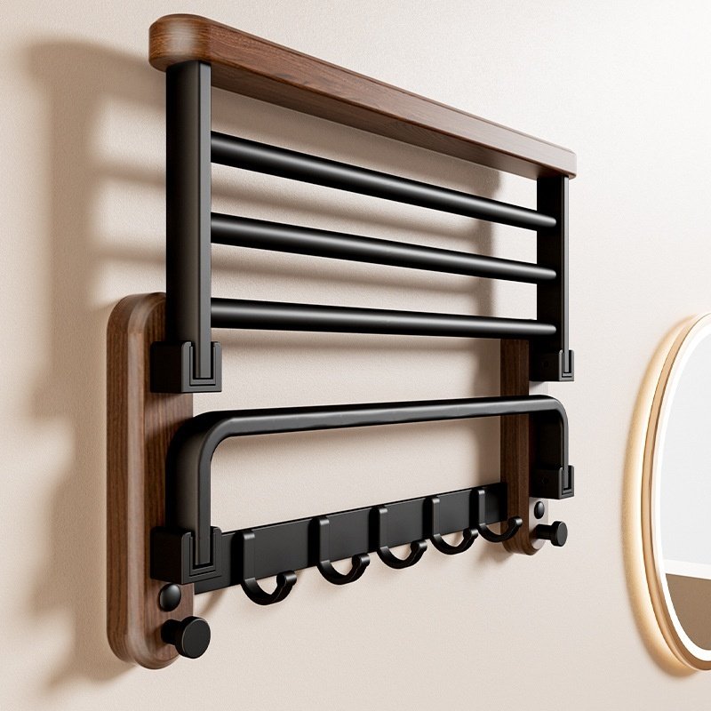Walnut Wood Towel Rack Bathroom Shelf No Drilling Required